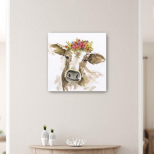 Floral Cow Canvas Wall Art 20"