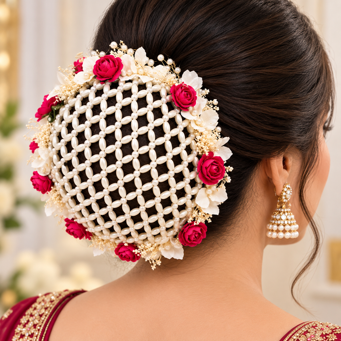 Floral Pearl Hair Bun Cover – Bridal Juda Hair Accessory