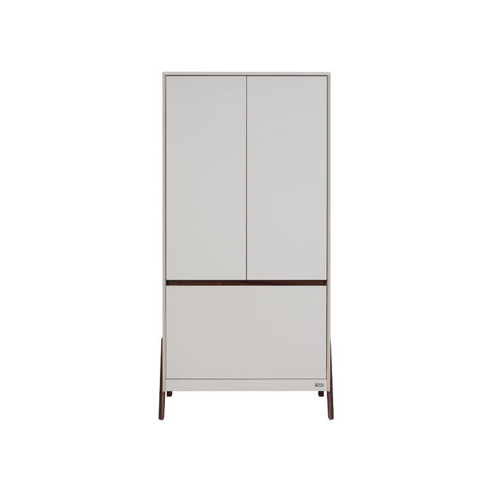 Front cutout view of the Fuori wardrobe in white sand and warm walnut, showcasing clean lines, push-close doors and slim profile