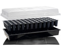 A black plastic tray with a TAS Germination Station with Heat Mat, 72-Cell Pack, 2″ Dome on top.