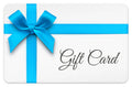 A rectangular Go Green Aquaponics Gift Card by Go Green Aquaponics, adorned with a blue ribbon and bow and featuring the words “Gift Card” in elegant script on a white background.