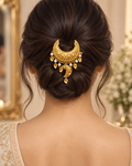 Gold crescent hair clip with pearl and leaf charms