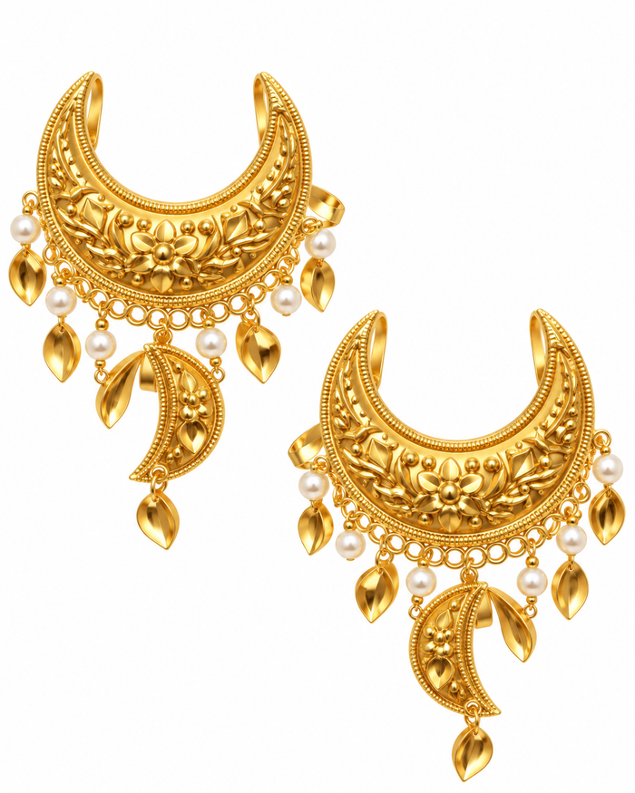Gold crescent hair clip with pearl and leaf charm detail