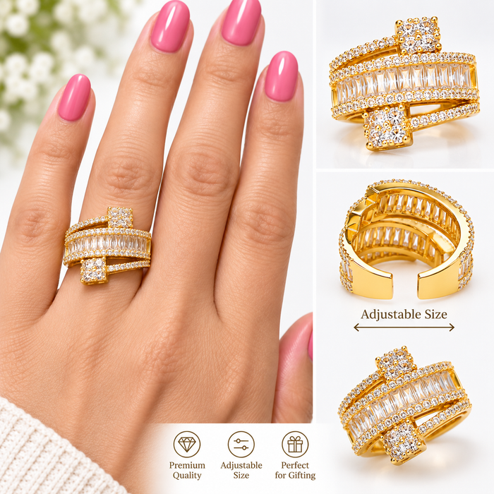 Gold-tone adjustable crystal wrap ring close-up