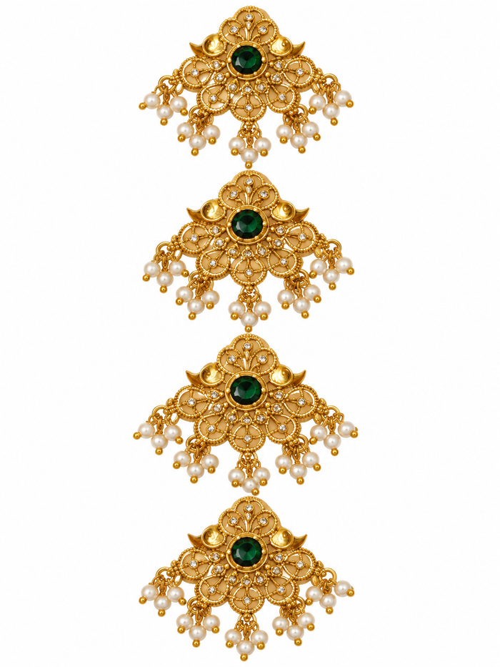 Gold-tone emerald and pearl hair clip detail view