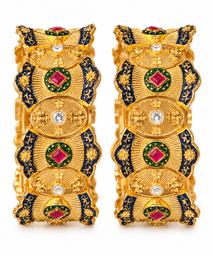 Gold-tone enamel bangle set size 2.6 – green and red accent detail