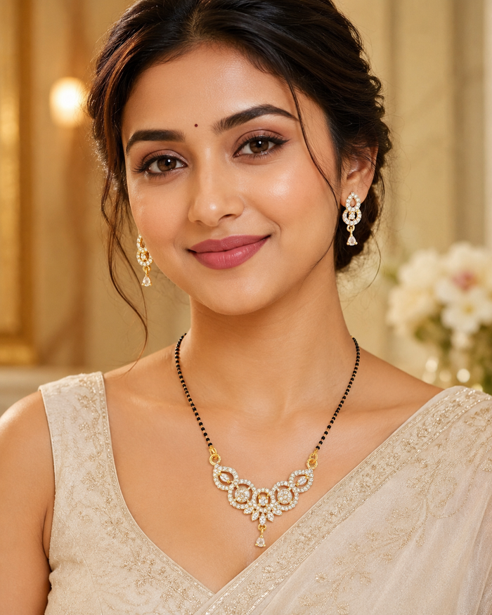 Gold-tone floral mangalsutra necklace and earring set