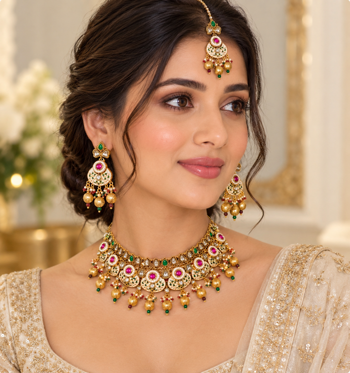 Gold-tone Kundan bridal choker set – choker stone and bead detail