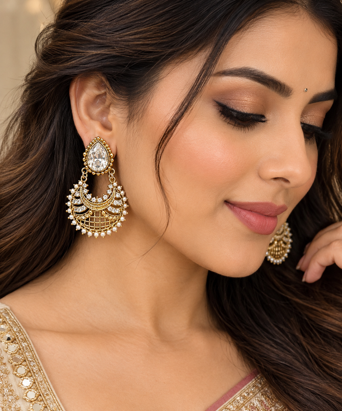 Gold-Tone Pearl & Crystal Chandbali Earrings