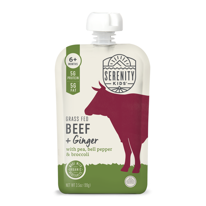 Serenity Kids grass-fed beef and ginger pouch on a white background