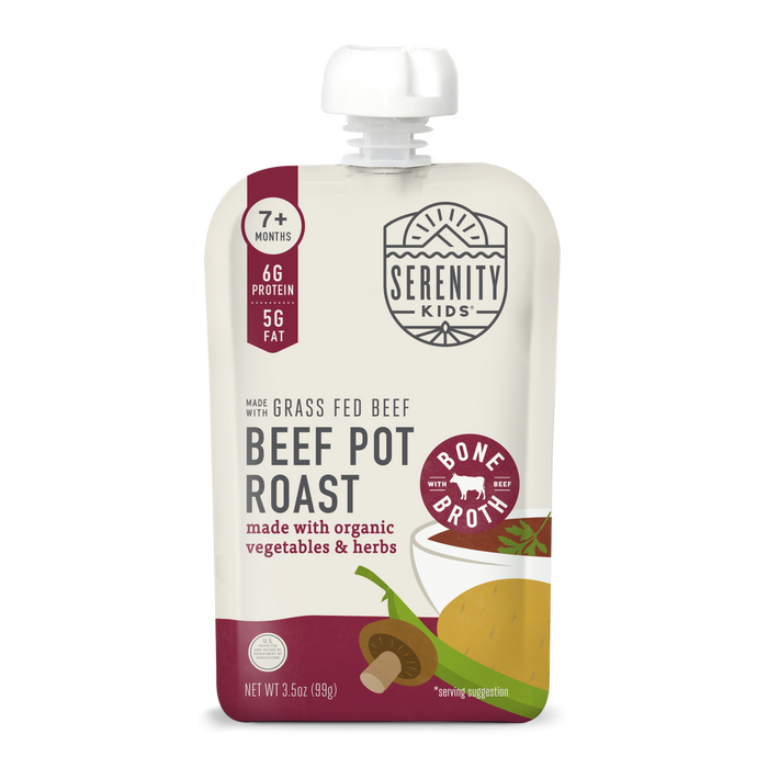 Serenity Kids beef pot roast baby food pouch on a white background