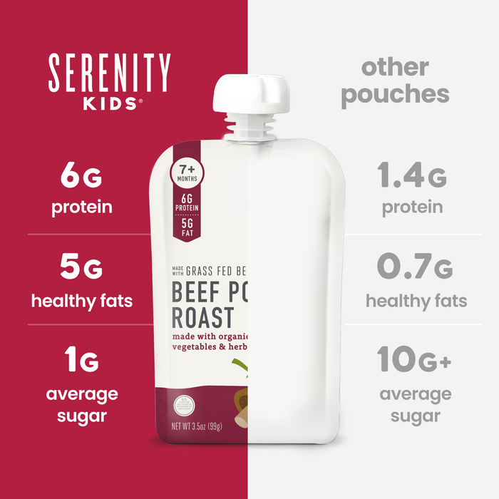 Serenity Kids pouch with Comparison information on a red and white background