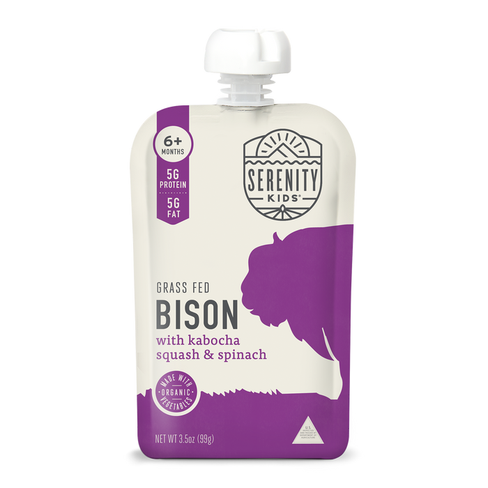 Serenity Kids grass fed bison with kabocha squash & spinach pouch on a white background