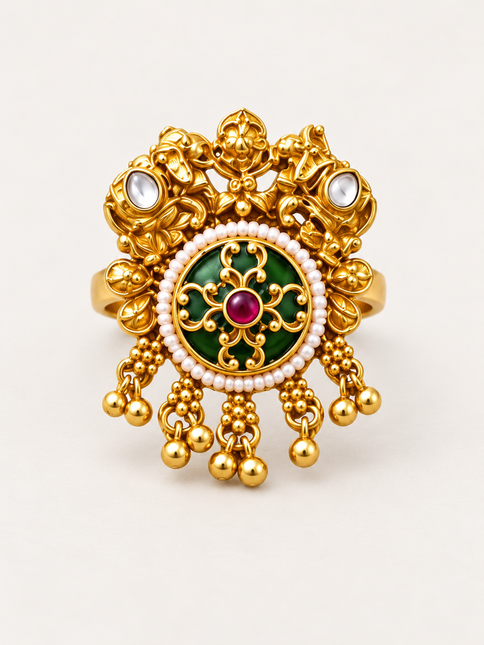 Green and gold statement ring with pearl accents detail view