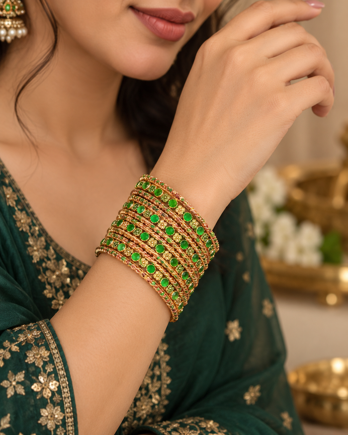 Green Stone Rose Gold-Tone Bangle Set size 2.4
