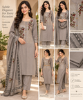 Grey floral embroidered unstitched three-piece soft cotton suit