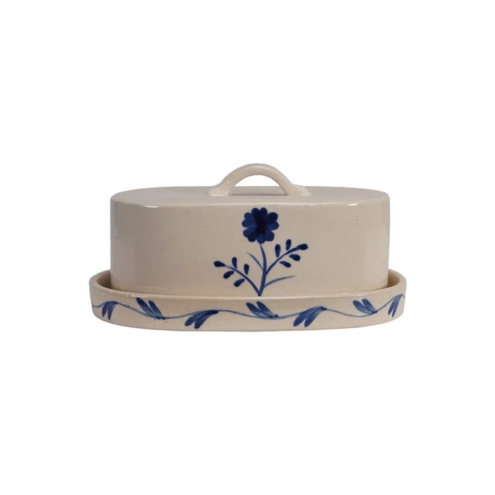 Hand-Painted Stoneware Butter Dish with Flower