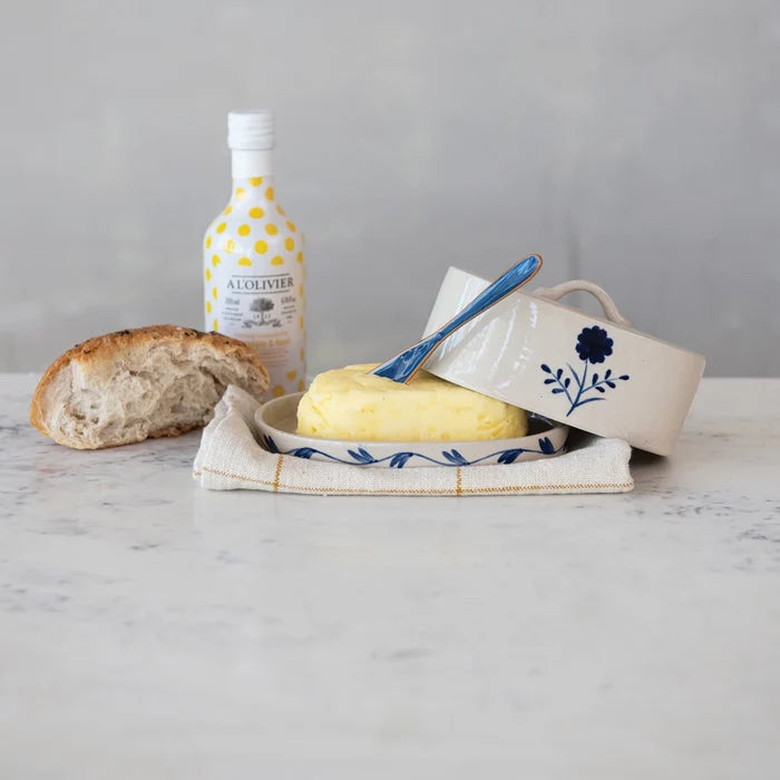 Hand-Painted Stoneware Butter Dish with Flower