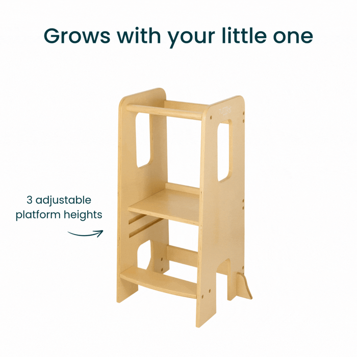 Gif of the Helping Hands Montessori toddler learning tower in natural finish, demonstrating three adjustable platform heights for growing children
