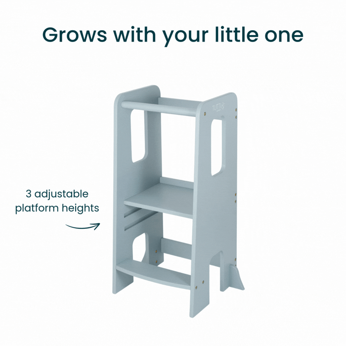 GIF of the Helping Hands Montessori toddler learning tower in ocean stone, featuring 3 adjustable platform heights to grow with your child