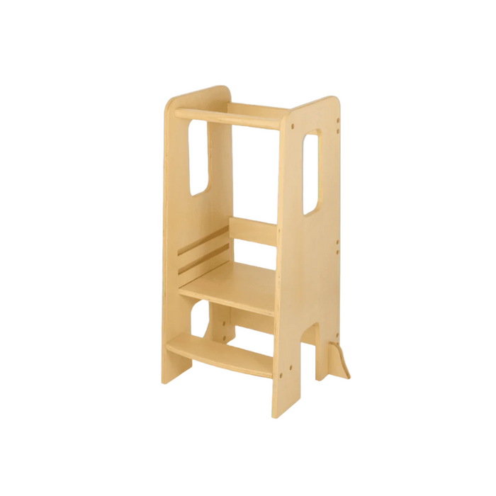 Angled cutout of the Helping Hands Montessori toddler learning tower in natural, showing its compact design with supportive side handles