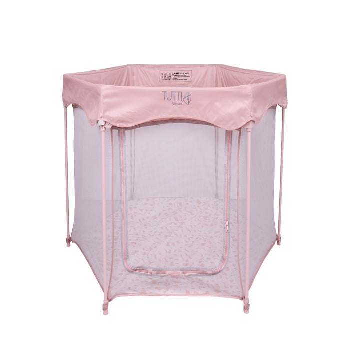 Cutout view of the Hexa Playpen in gumdrop terrazzo featuring breathable mesh sides, zip-access panel, and hexagonal frame