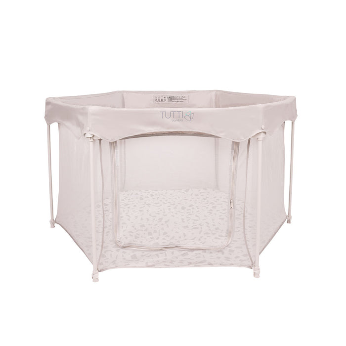 Front-facing cutout of the Hexa Playpen in Mushroom Terrazzo, featuring zippered mesh entrance and breathable mesh panel sides