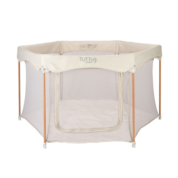 Front cutout view of the Hexa playpen in soft ecru, featuring breathable mesh sides and a zipped access panel for safe, flexible play