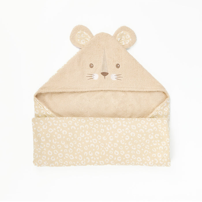 Cutout of Luca Leopard hooded towel in soft beige terry, featuring embroidered animal face, 3D ears, and inner lining with leopard spots