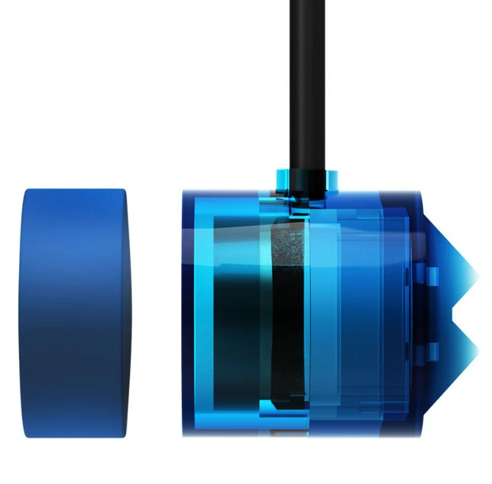 A blue earbud with a black handle that is compatible with the TAS HYDROS Water Level Sensor for freshwater and saltwater systems.