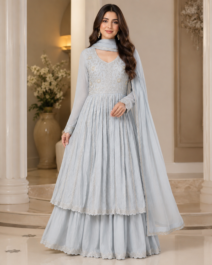 Ice blue embroidered three-piece lehenga set
