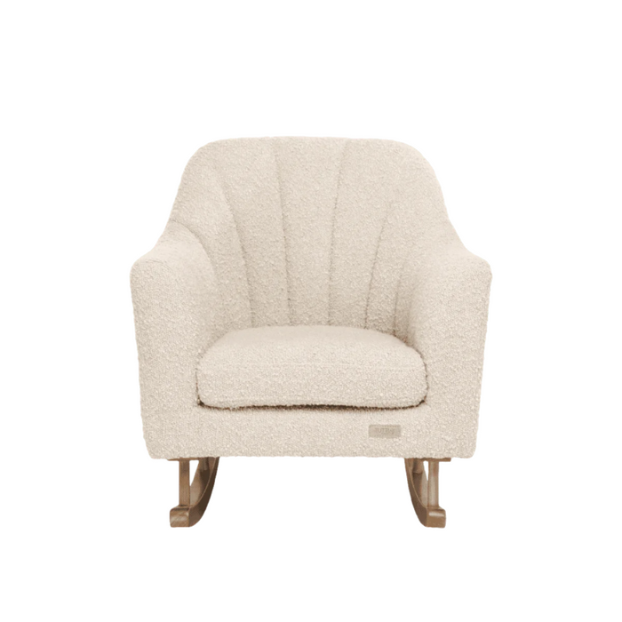 Front-facing cutout of the Jonah Mini Me rocking chair in boucle mushroom with shell-stitched backrest and plush seat cushion