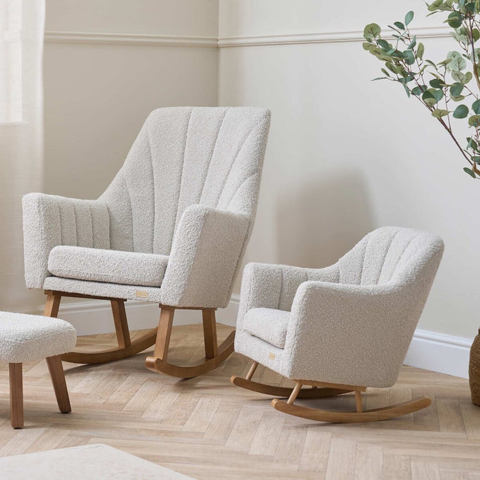 Room view of the Jonah rocking chair and Mini Me chair in boucle mushroom, styled together for parent and child comfort