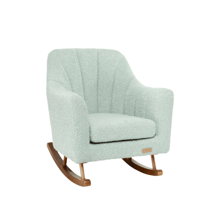 Angled cutout of the Jonah Mini Me rocking chair in Ocean Stone, showing cosy boucle texture and curved wooden runners