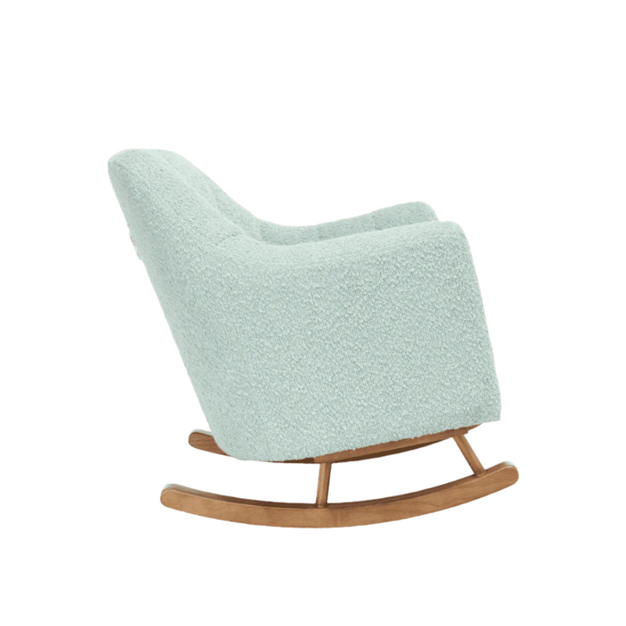 Side view of the Jonah Mini Me rocking chair in Ocean Stone, showing flared arms, cosy boucle texture, and curved wooden runners