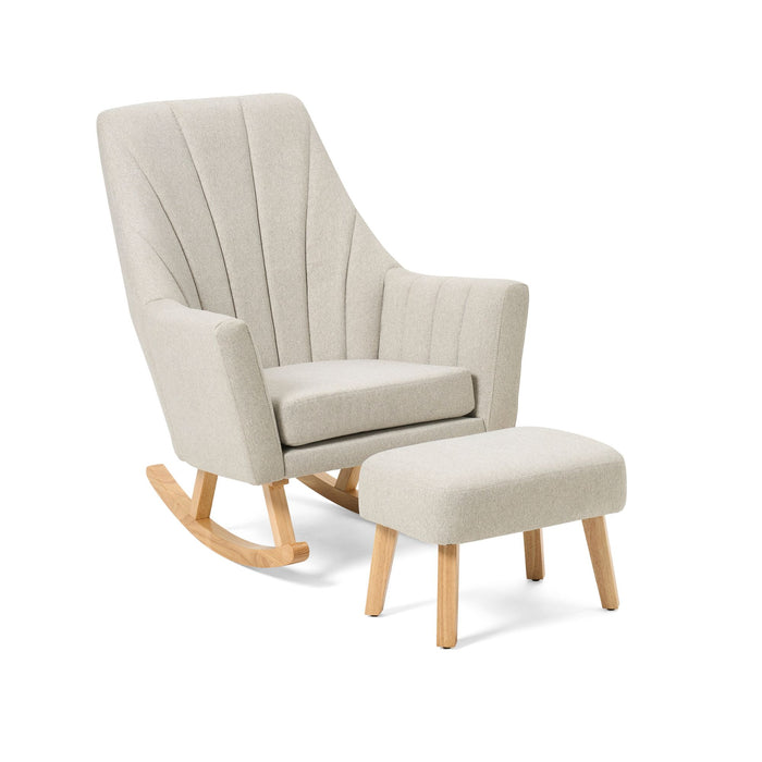 Angled view of the Jonah rocking chair and footstool set in Pebble with ergonomic padded seat and backrest for comfort in nursery spaces.