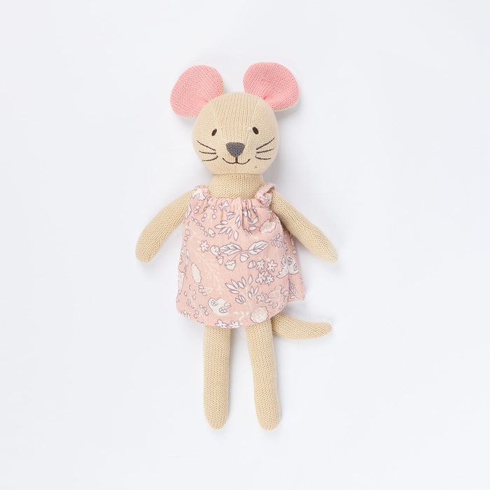Stuffed toy mouse with a floral dress on a white background