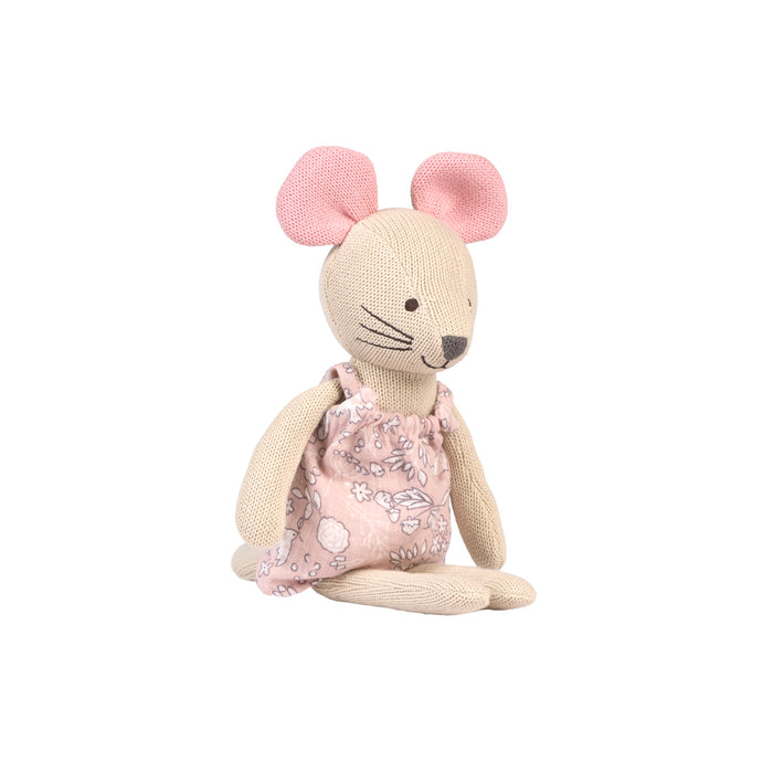Margot Mouse knitted toy sitting sideways on a white background.