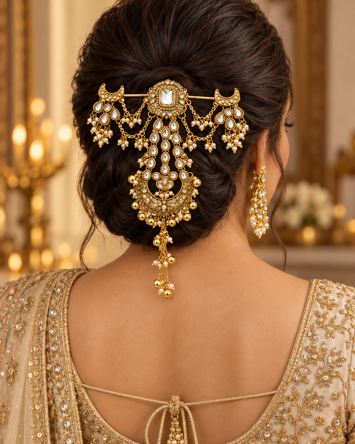 Kundan bridal bun hair accessory with pearl drops