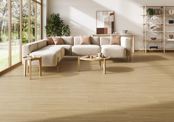 Updated living space with Spanish porcelain wood look tile floor