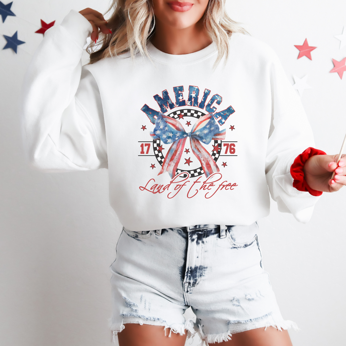 Land of the Free Coquette Bow Patriotic 4th of July Crewneck Sweatshirt