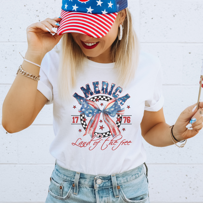 Land of the Free Coquette Bow Patriotic 4th of July Graphic T-Shirt