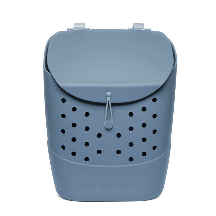 Soft blue-gray bucket with black perforated details and light gray lid flap
