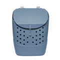 Soft blue-gray bucket with black perforated details and light gray lid flap
