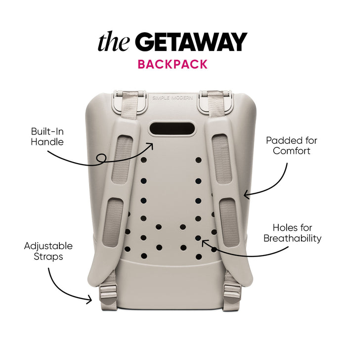 Simple Modern Getaway Backpack in cream with black ventilation holes, shown from back. Features labeled: built-in handle, padded straps, breathable mesh panels, and adjustable straps with metal buckles.