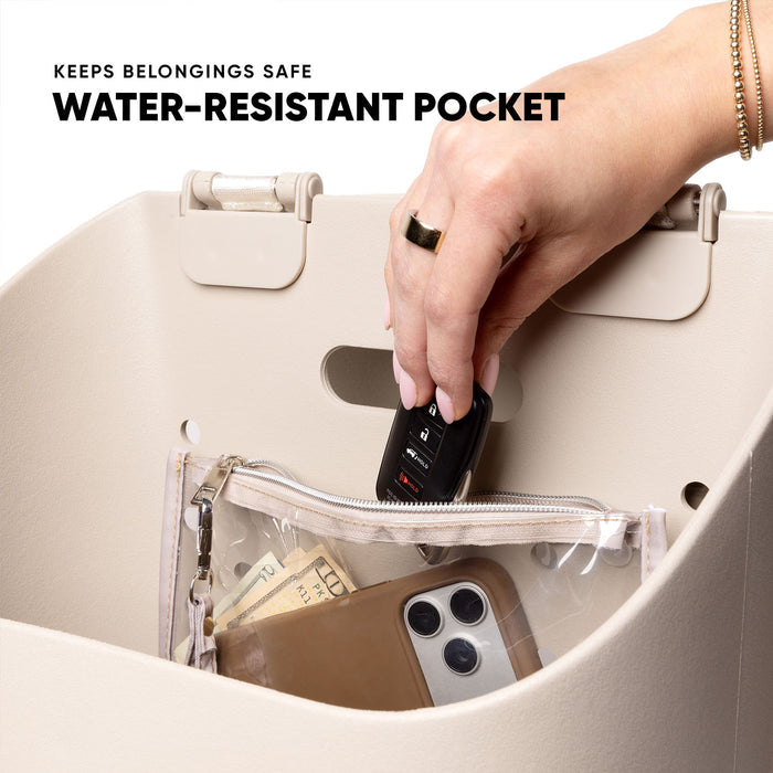 Cream-colored organizer bag with woman's hand inserting black car key into water-resistant pocket. Clear pocket displays wallet, cash, and smartphone. Text reads "Keeps Belongings Safe Water-Resistant Pocket."