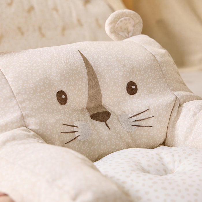 Close-up of the Luca Leopard beanbag chair showing embroidered whiskers, stitched nose, and soft spotted fabric