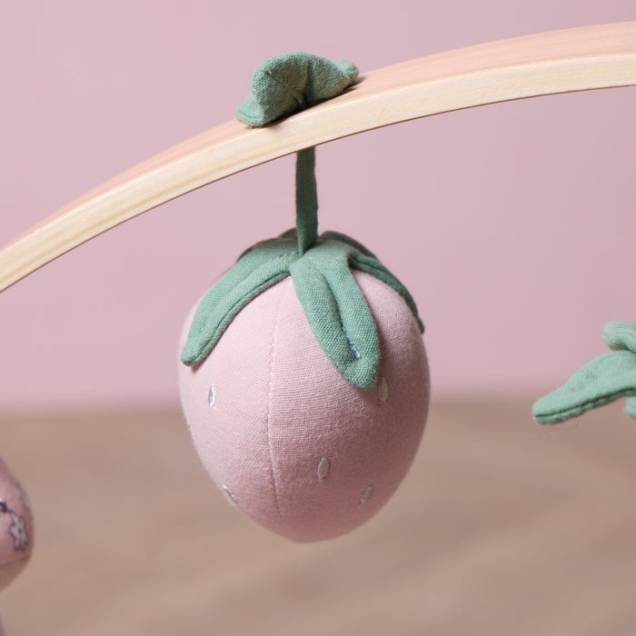 Close-up of soft strawberry hanging toy with green leaf detail suspended from wooden playgym arch.