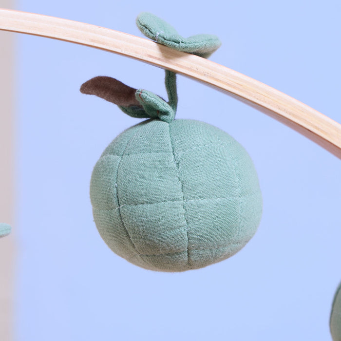 Close-up of soft green fruit hanging toy attached to smooth curved wooden playgym arch.