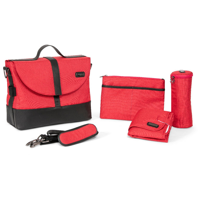 Red and black changing bag set with multiple items on a white background